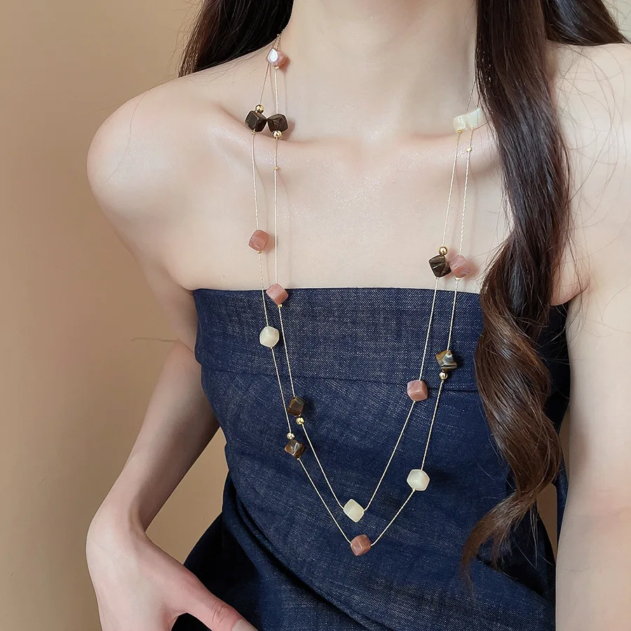 Trendy Geometric Beads Necklaces for Women Multilayered Elegant Long Necklace Daily Trendy Matching Jewelry Gift