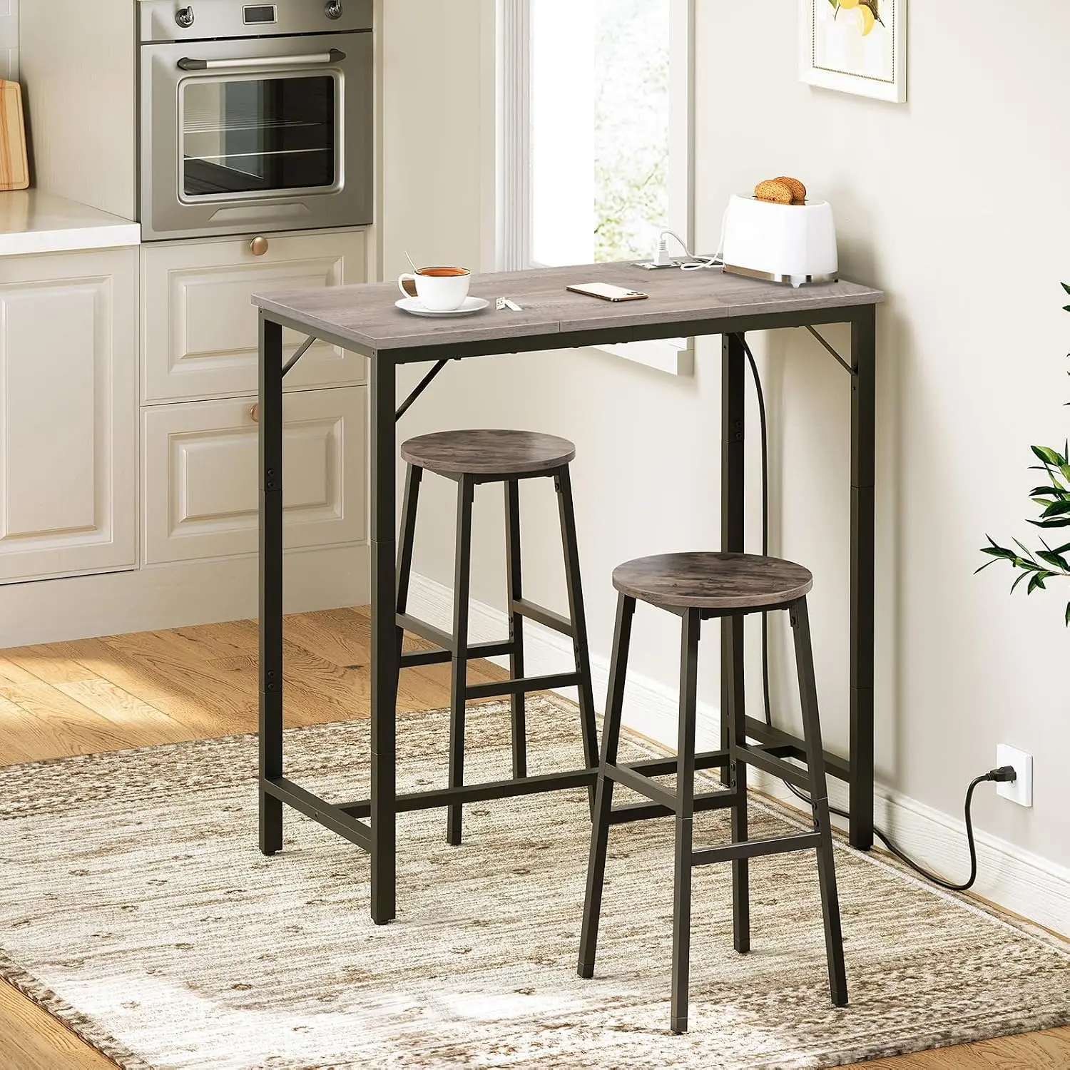 Bar Table with Charging Station, Rectangular Pub, High Top Coffee, Counter Height, Narrow Long Dining, 35.4