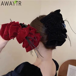 AWAYTR Fluffy Feathers Hair Clips Large Velvet Bow Tie Hair Claws Crab For Women Girl Hair Accessories Headwear