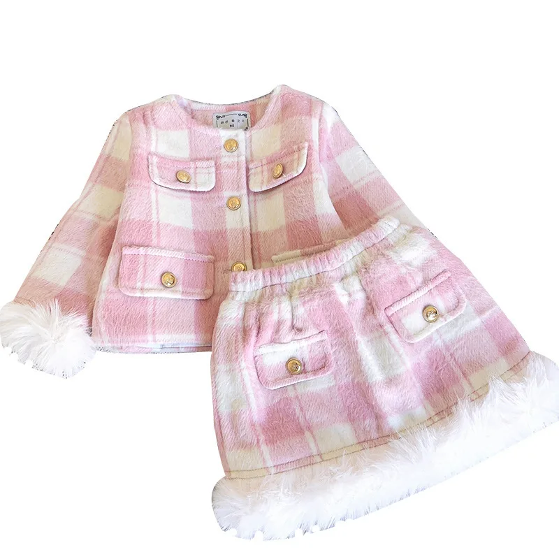 2024 Small fragrance girls' winter new plaid woolen cotton female treasure coat skirt two-piece set 90-140cm