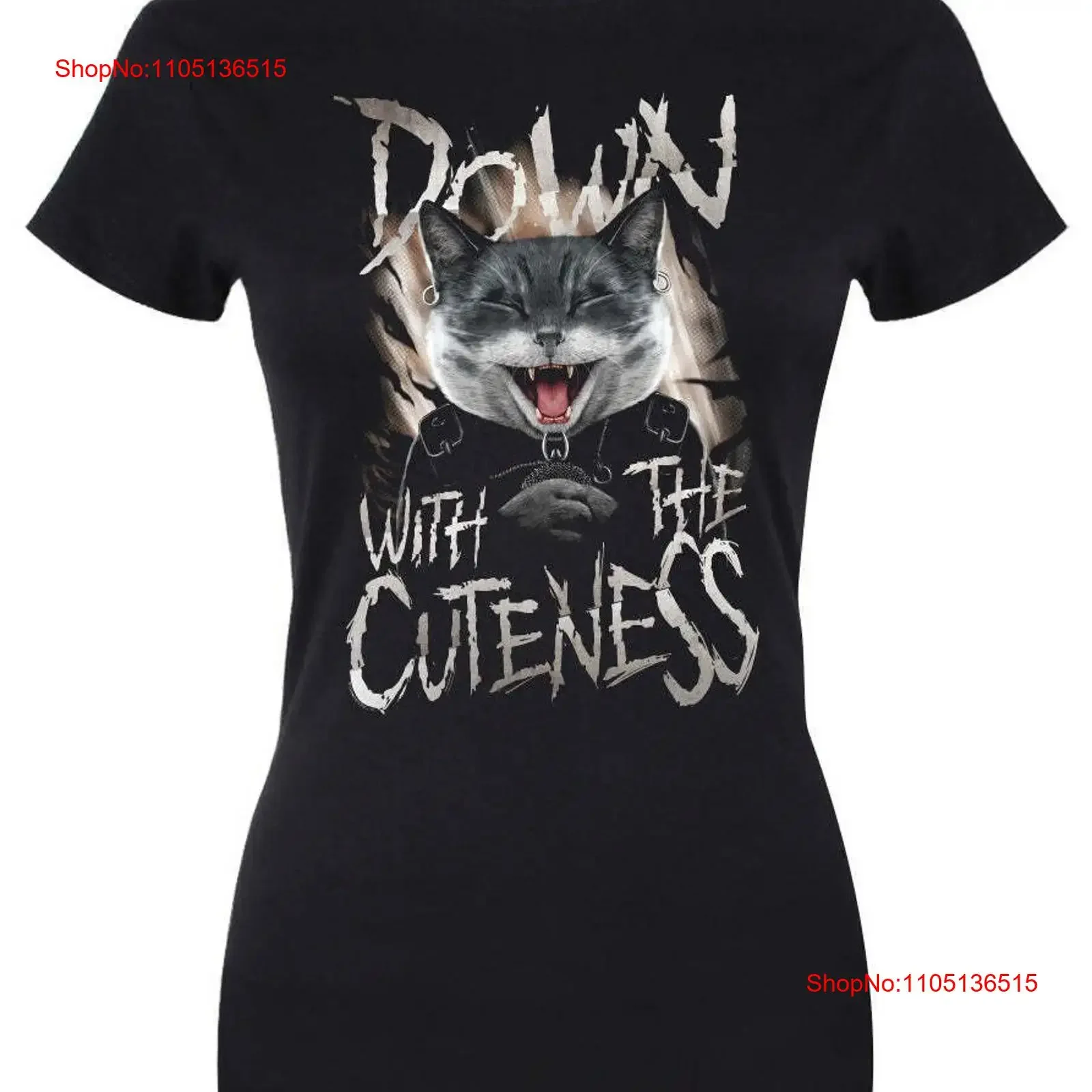 Down With The Cuteness Ladies Black T Shirt Heavy Metal Cat Rock Playlist Petz vintage Washed homme Versatile Soft Stylish