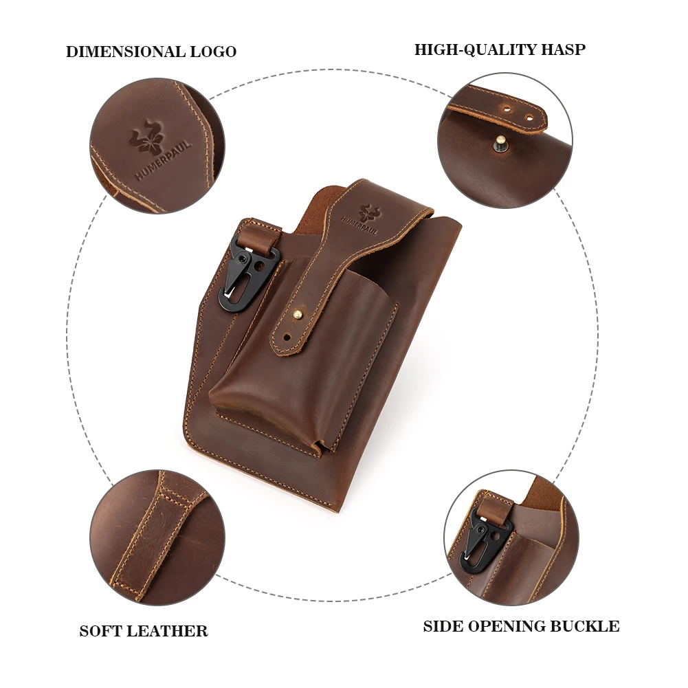 HUMERPAUL Men Vintage Leather Waist Bag for Mobile Phon Casual Carrying Cigarette Case Outdoor Belt Bag Male Small Loop Holster