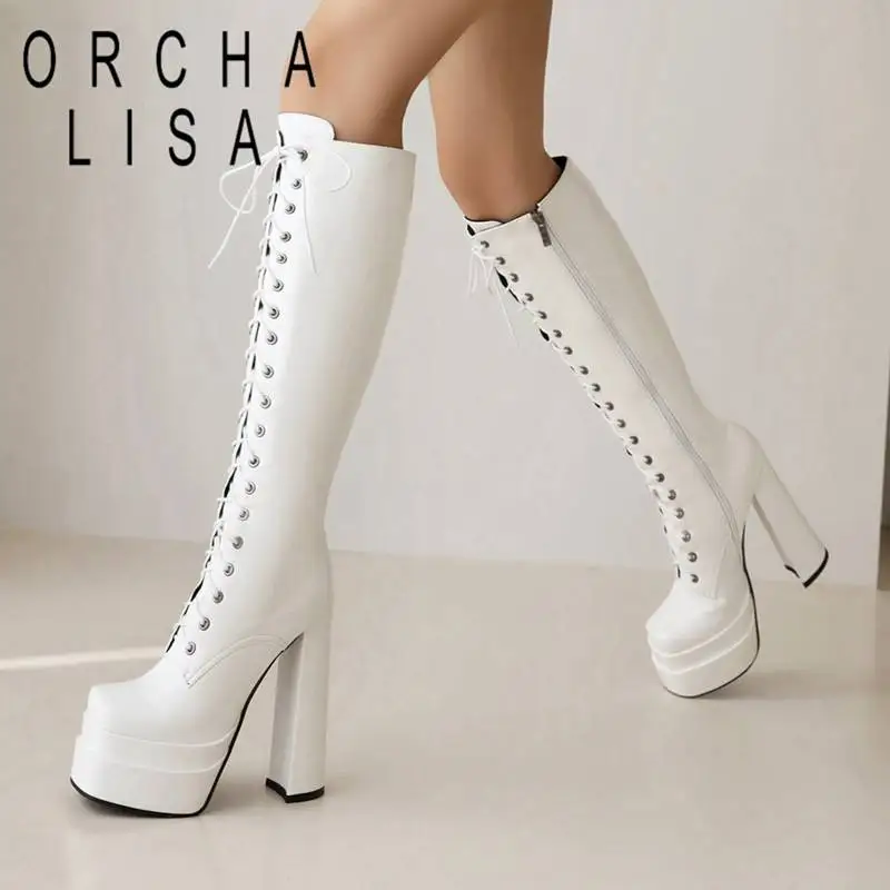 ORCHA LISA Ladies Knee-high Boots 37cm Square Toe Chunky Heels 14cm Double Platform 5cm Zipper Lace Plus Size 43 Knight Boot