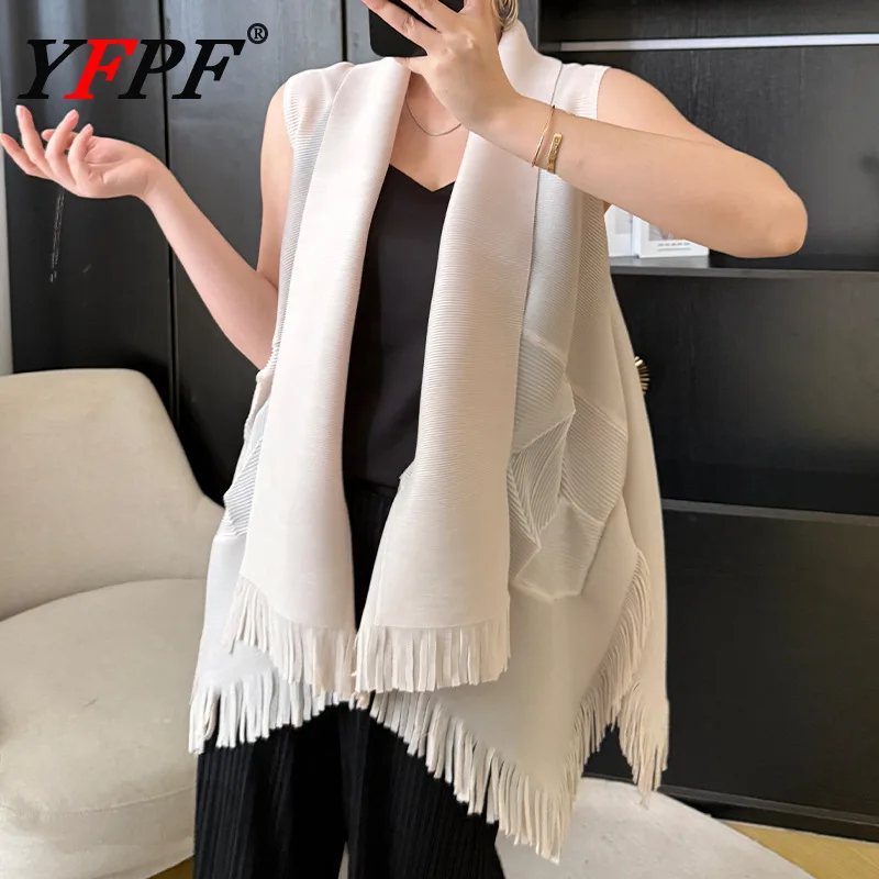 

YFPF Summer Sleeveless Pleated Blouse For Women Fashion Tassel Design Solid Color Loose Tops Casual 2025 New Clothing 3A352