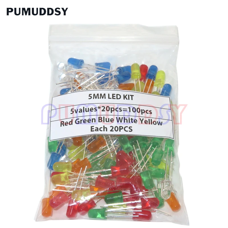 100pcs White Yellow Red Green Blue electronic diy kit 5mm LED diode Light Assorted Kit DIY LEDs Set