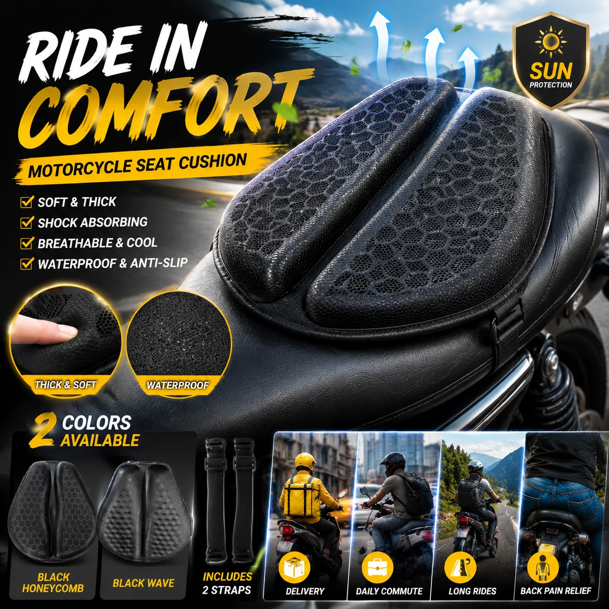 

Breathable Sun Proof Motorcycle Seat Pad Honeycomb Structure Pressure Relief Cooling Seat Cushion Universal Motorbike Accessory