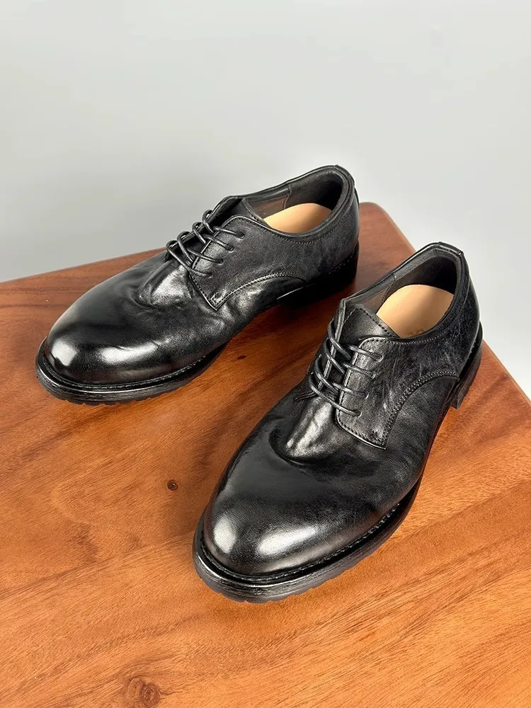 Büro Männer Echtes Leder Kleid Schuhe Handgemachte Pferdeleder Runde Kappe Derby Schuhe Schnüren Vintage Business Casual Arbeit Schuhe Männlich
