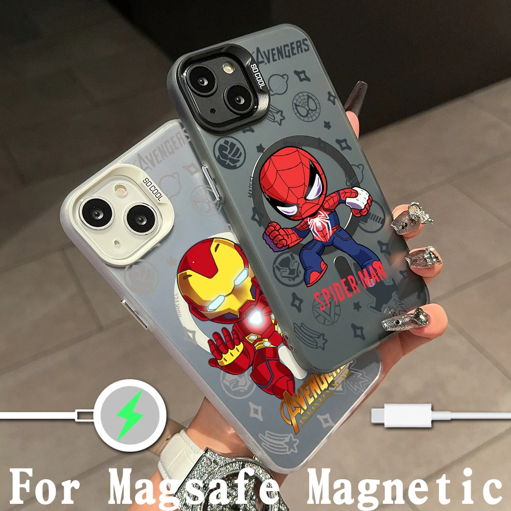 Marvel SpiderMan Iron Man Groot Magsafe Magnetic Phone Case for IPhone 11 12 13 14 15 16 Pro Max Plus Lens Silver Plated Cover