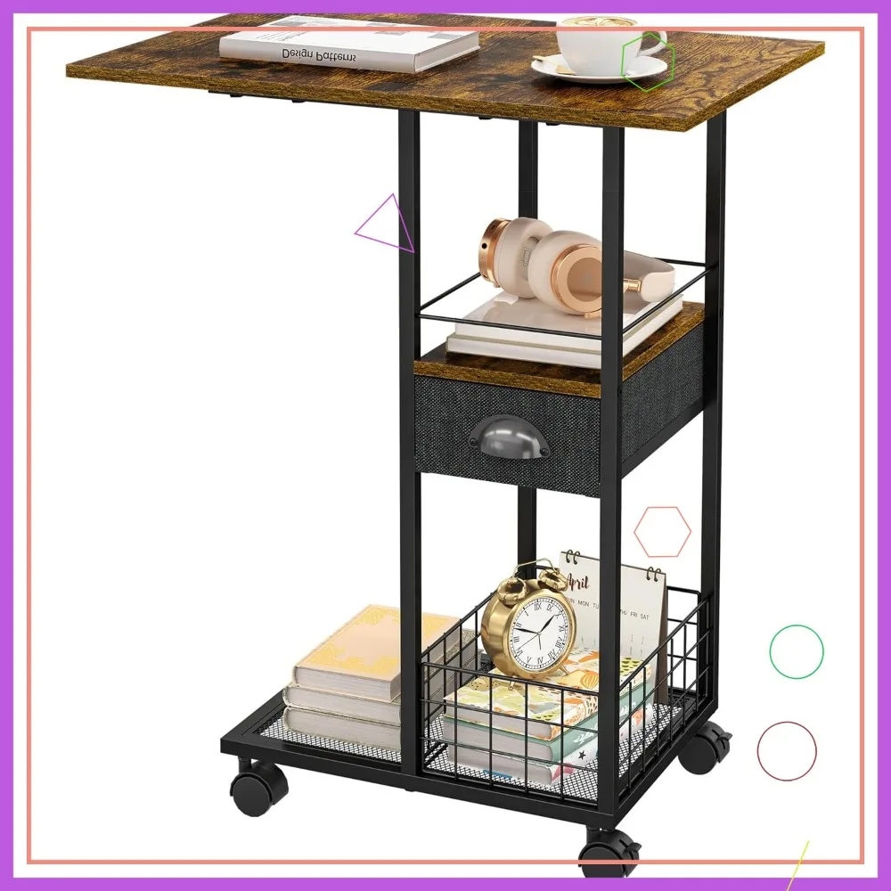 

Mobile C-Shaped Side Table with Wheels, Large Wood Top and Drawer for Bed, Sofa, or Office Use