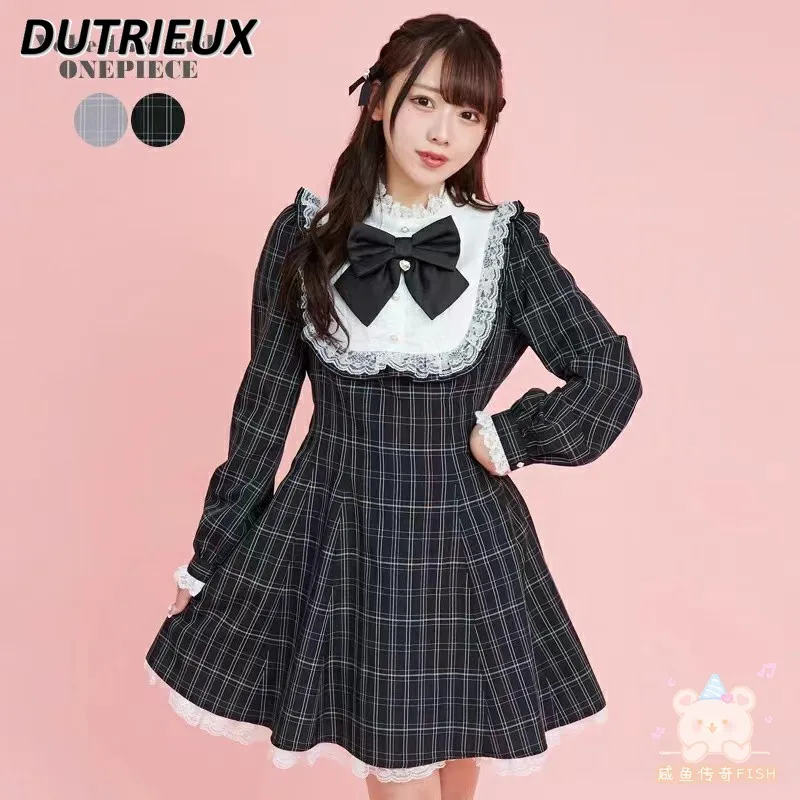 

Kawaii Girls SC New Plaid Bow Sweet Long Sleeve Stand-up Collar Cinched Dress All-Matching Lace Lolita Dresses for Women