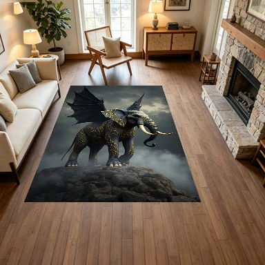 Mythical Winged Golden Cracked Elephant Creature Carpet Flooring, Fantasy Monster Non-Slip Floor Rug for Living Room Bedroom Home Decoration