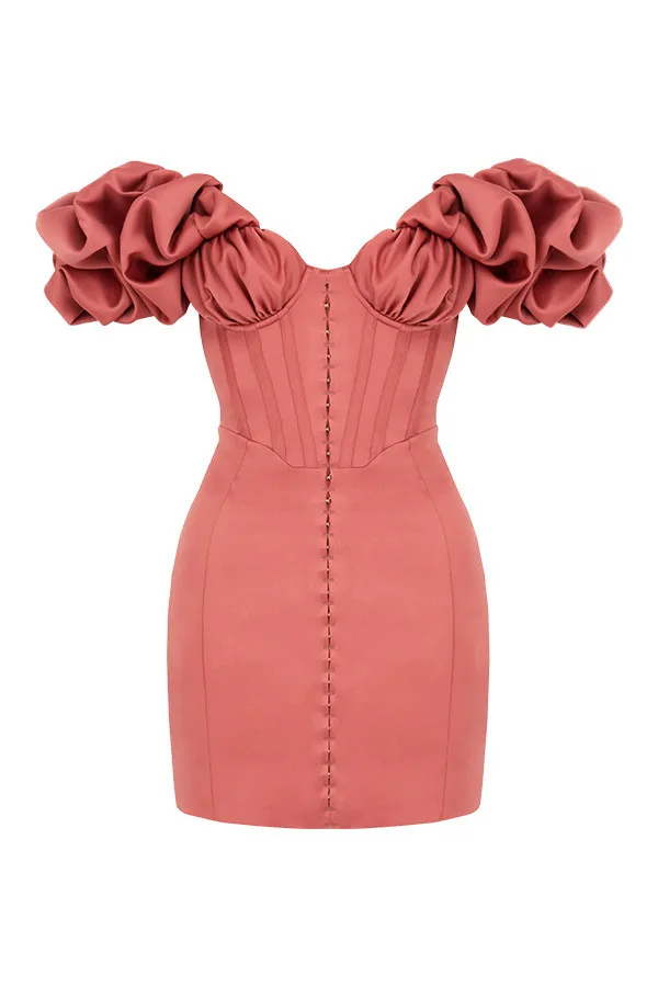 Mini vestido de noche Sexy para mujer, cuello de barco, manga con volantes, ceñido al cuerpo, satén rosa, volantes, envoltura en el pecho, vestidos de fiesta elegantes