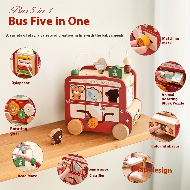 

Cross Border Childrens Wooden Early Education Puzzle Multi-Functional Hexahedron Busy Box Cart Puzzle Montessori Bus Toy