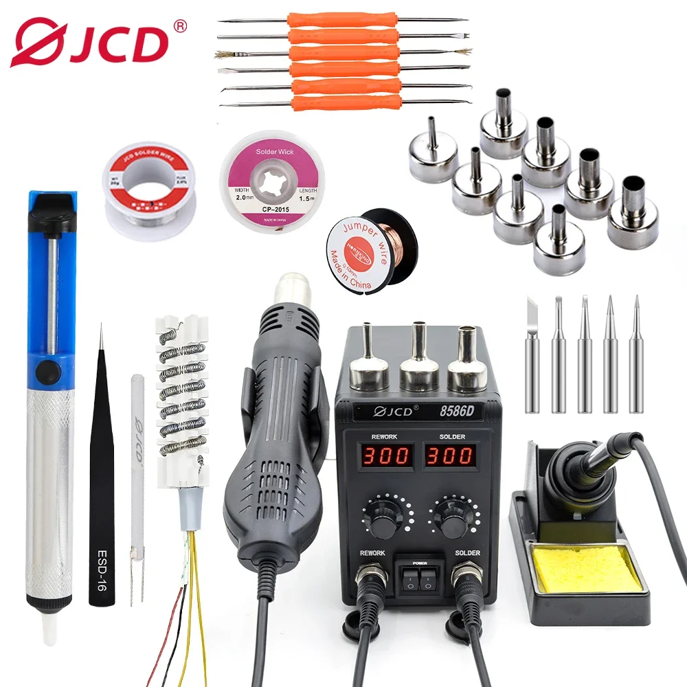 Estação de solda JCD 8586D, 2 em 1, 750W, pistola de ar quente, LCD, display digital duplo, ferro de solda elétrico, SMD, soldagem, retrabalho