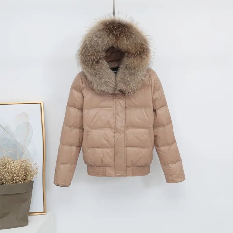 Women\'s hooded down jacket leather collar white eiderdown down jacket tight warm slim fashion outdoor comfort Short style coat