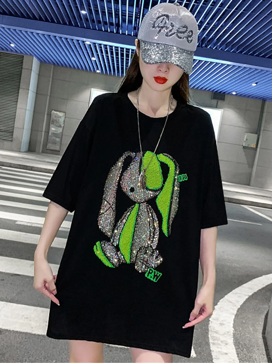 Cool Black Tshirt Streetwear Summer Diamonds Rabbit T Shirt Women Harajuku Short Sleeves Tops Tee Funny Hip Hop Oversized Tshirt