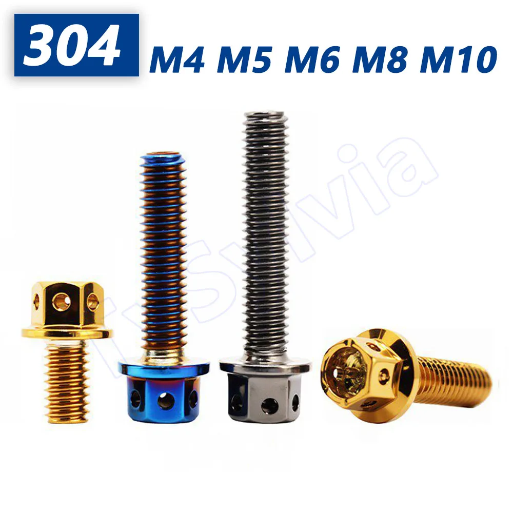 M4- M10 304 Stainless Steel Flanged Hex Hollow Head Screws Bolts Vacuum Plated Titanium Blue/Gold Gunmetal for Motorcycle