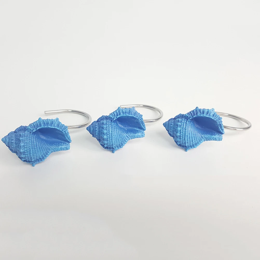 

12Pcs Shell Conch Hooks Blue Resin Bathroom Shower Curtain Hooks Living Room Bedroom Ocean Style Anti Rust Metal