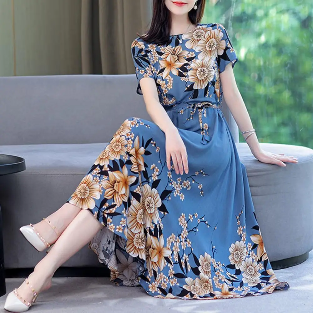 

Women Midi Dress Floral Print High Waist Belt Round Neck Short-sleeve Dress Casual Summer Maxi Dress Mid-aged Women Dresses