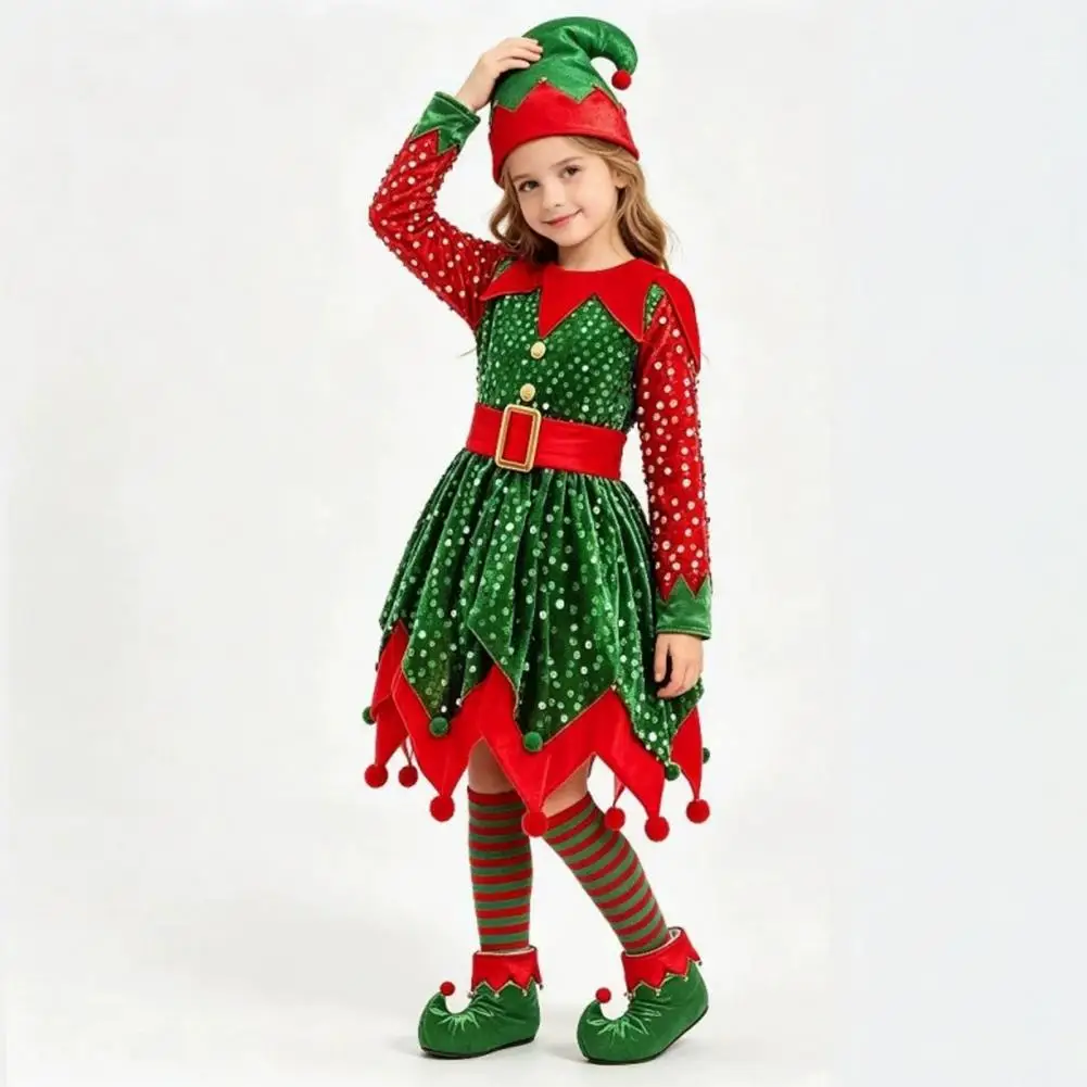 Kids Christmas Elf Costume Christmas Elf Outfit Girls Christmas Elf Costume Set with Sequin Dress Pointed Hat for Holiday