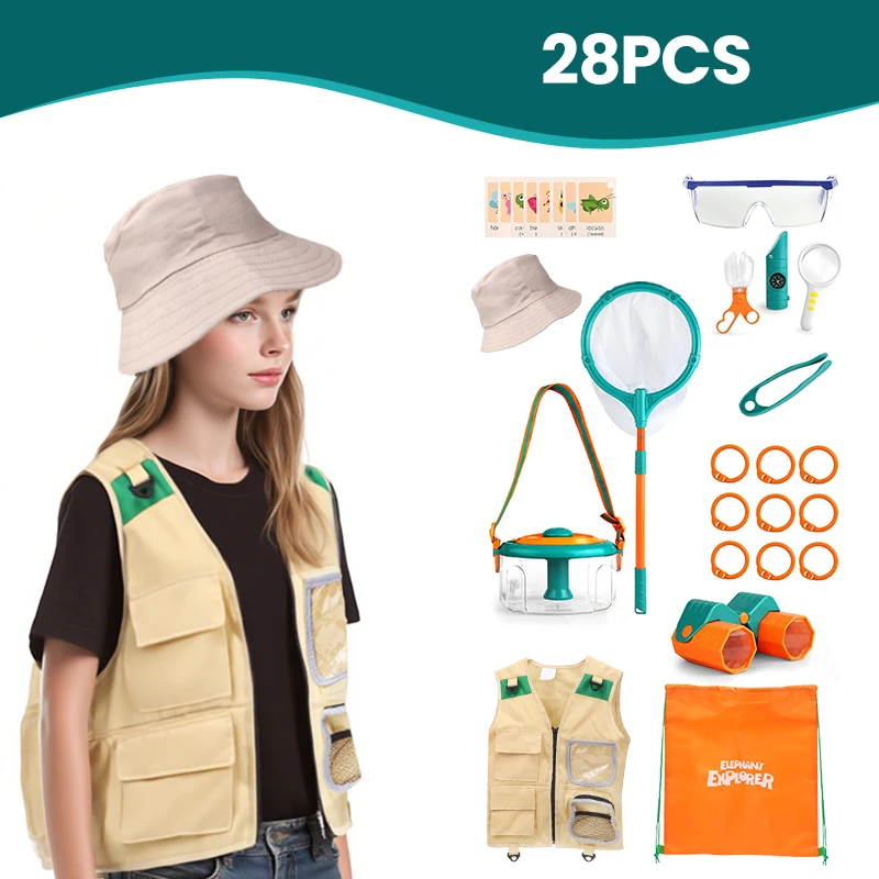 Children's Natural Outdoor Adventure Insect Capture Net Observation Box Telescope Magnifying Glass Set Clip Backpack Insect Set