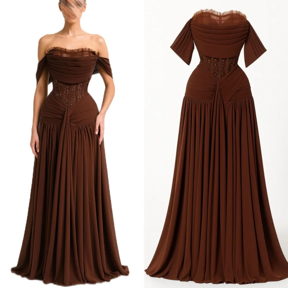 

Customized Formal Simple Chiffon Sequined Beading Draped Pleat A-line Off-the-shoulder Long Dresses Bespoke Occasion Dresses
