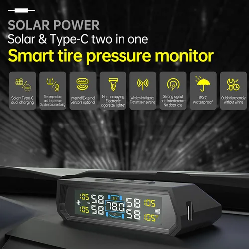 Imagen 2 del producto Sistemas universales de alarma de seguridad para automóviles, pantalla de temperatura, sistema de monitoreo de presión de neumáticos de coche, USB/TPMS Solar
