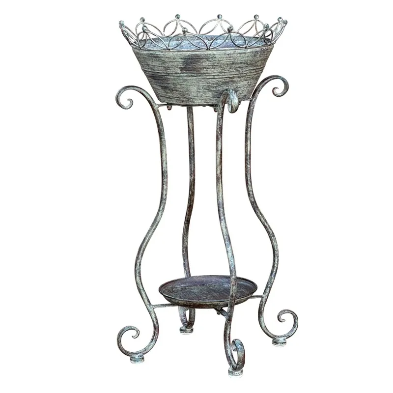 Vintage Metal Plant Stand, European Style Two-Tier Garden Planter Holder, Antique Gray Iron Art with Crown Design, 31x31x75.5cm