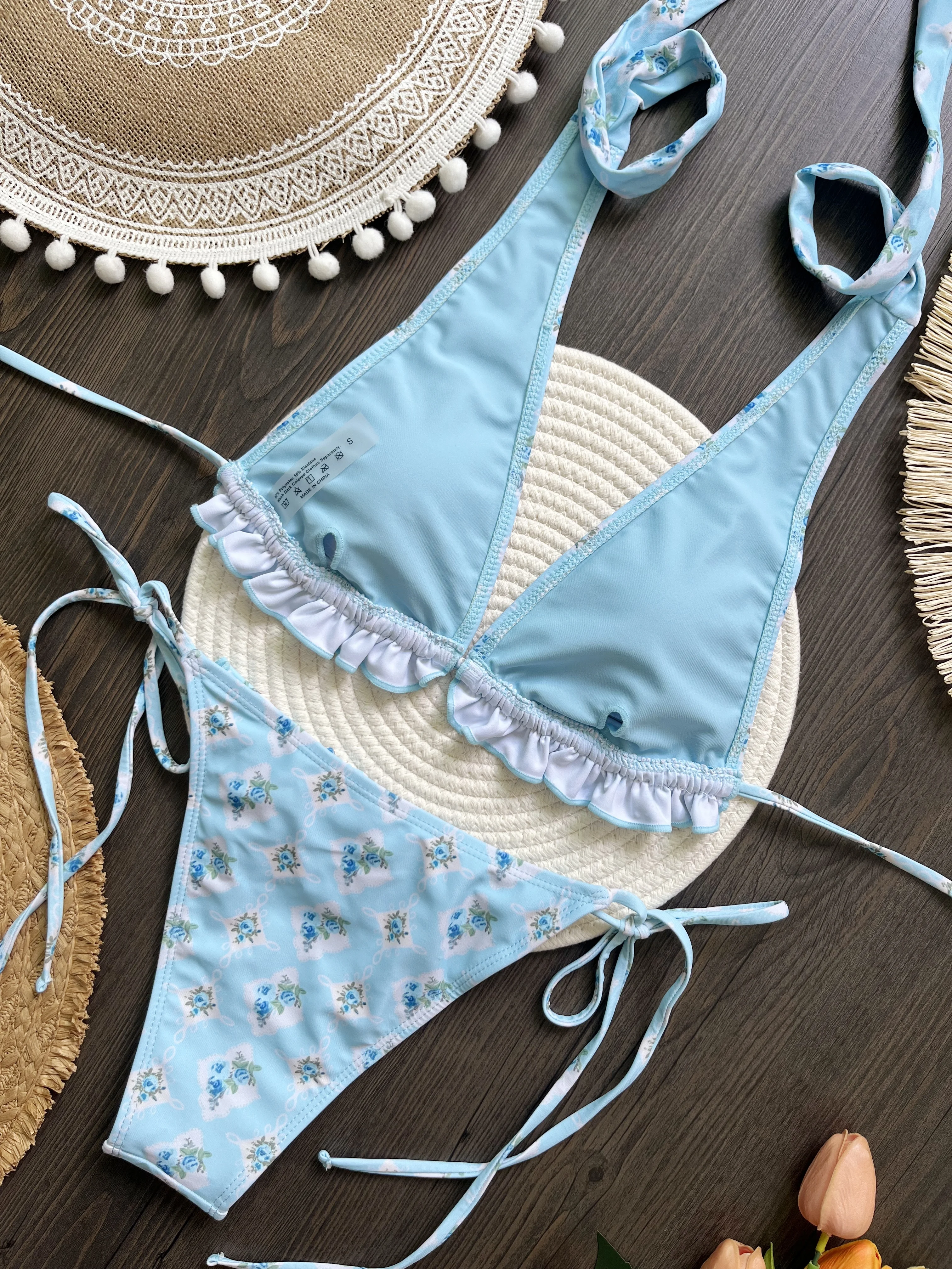 Floral Print Bikini Set Blue Color Swimsuit Women Sexy Bikinis Micro Thong Bandage Beachwear Triangle Swimwear Biquini ﻿