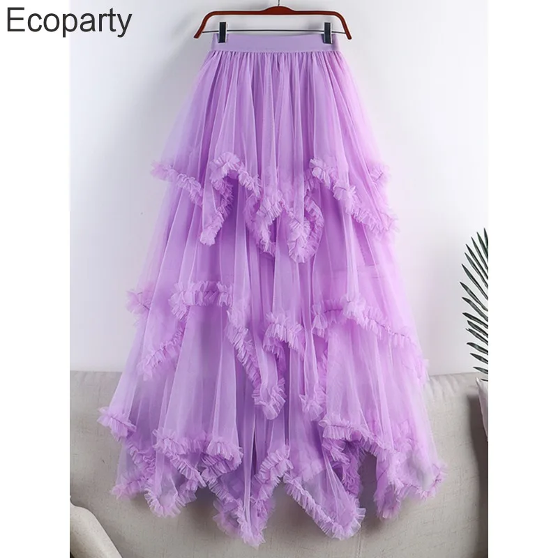 Tutu Tulle Long Skirt for Women 2023 New Summer Korean Aesthetic Cute Irregular Mesh High Waist Maxi Skirt Female Purple