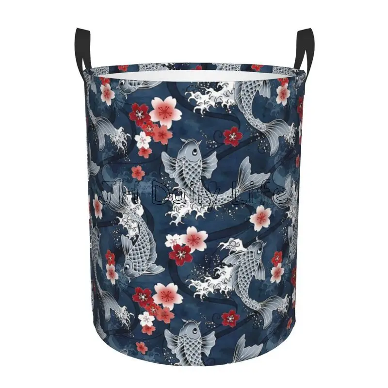 Japanese Koi Cherry Sakura Blossom Laundry Basket Foldable Waterproof Laundry Hamper Clothes Storage Bucket Toys Organizer Decor