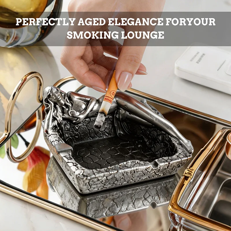 Antique Silver Lady Sculpture Resin Ashtray Cigarette Ash Holder for Home Living Room Office Bar Desktop Table Top Decor