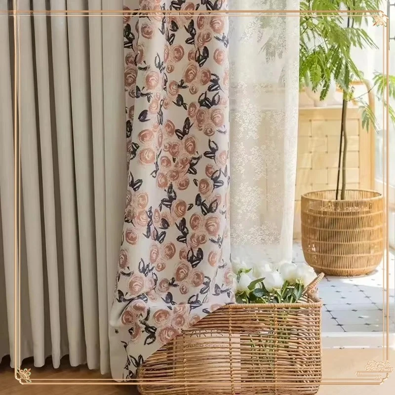 French Retro Homestay Fresh Rose Flowe Curtains for Living Dining Room Bedroomr Cloth Ins Solid Color Stitching Custom Size