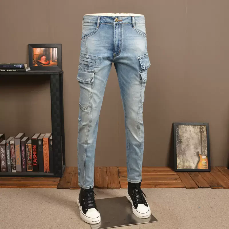 Y2KFashion Men's Retro Stretch Blue Jeans Tight Bicycle Pocket Multi Collage Hip Hop Style Hombre