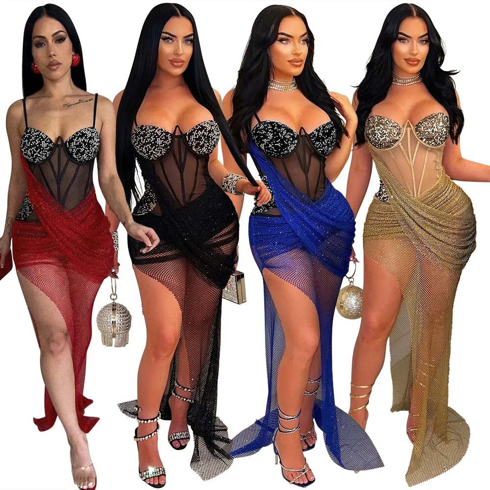 

EINY Chic Corset Crystal Twist Front Party Dresses Sparkle Nude Gold Rhinestone Fishnet Maxi Dress Birthday Outfits Clubwear Y2k