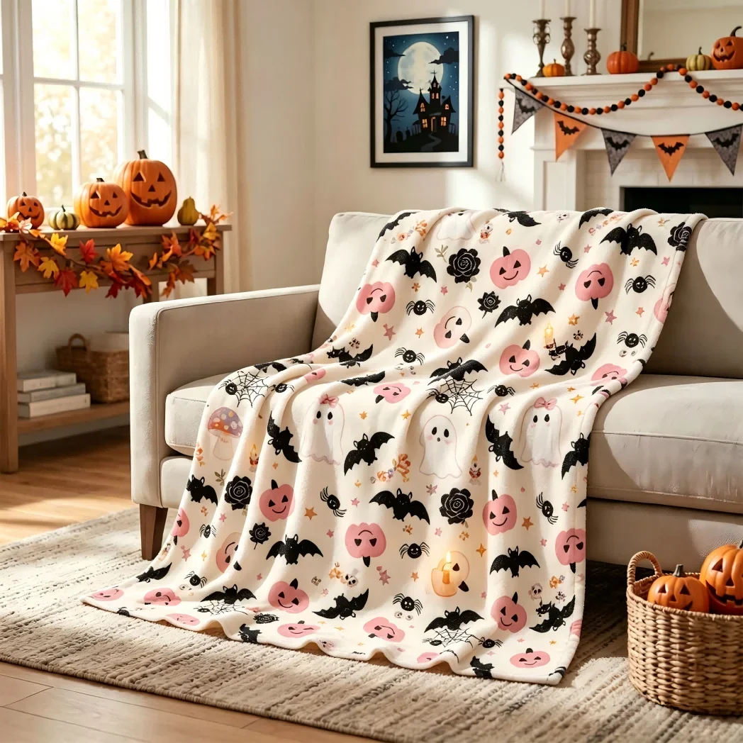 Spooky Cute Halloween Throw Blanket for Couch Decor Fall Party Seasonal Cozy Pumpkin Ghost Bat Print