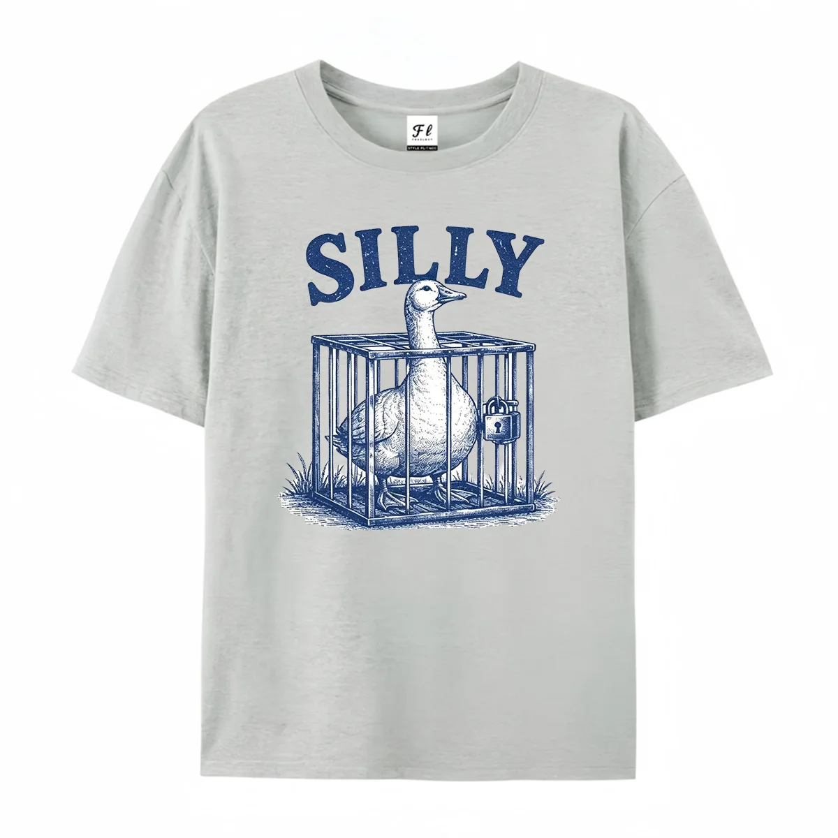 Got Too Silly Goose Graphic T‑Shirt Vintage Retro Blue Sketch Funny Meme Locked‑In Cage Goose Casual Unisex Short Sleeve Tees