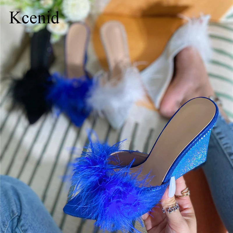 

Kcenid Sandals Women Pointed Toe Mules Fashion Feather Fur Wedges Heels Slippers Summer Shallow High Heels Zapatillas De Mujer