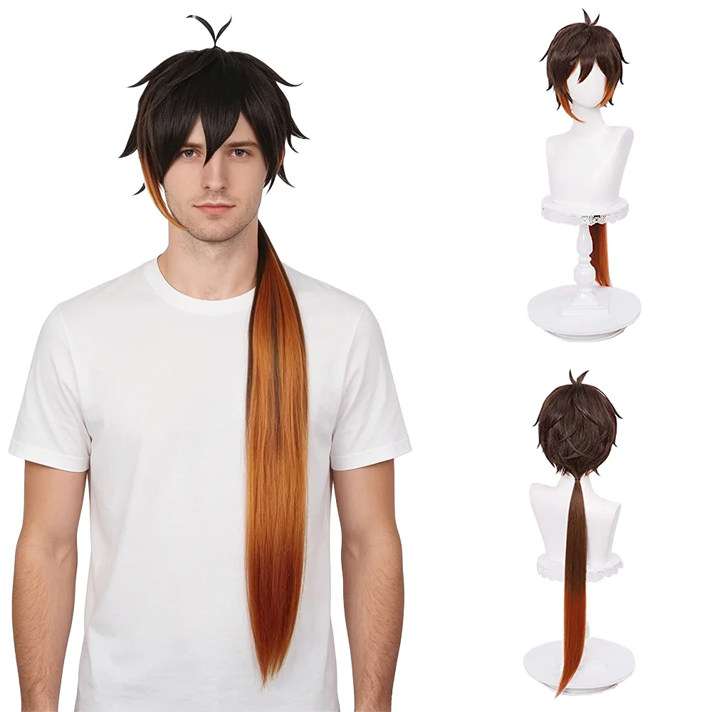 Zhongli Cosplay Wig Dark Brown Orange Ombre 90cm Long Ponytail Wig Heat Resistant Synthetic Hair Unisex Halloween Anime Party