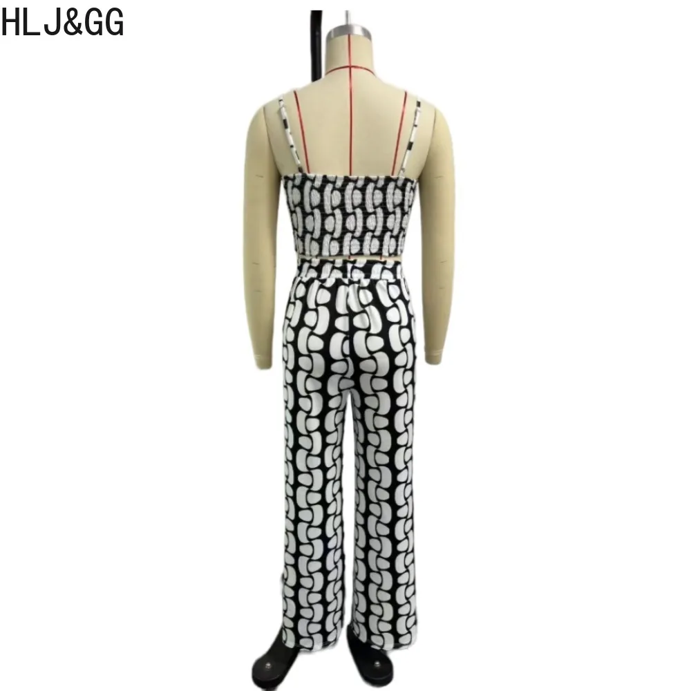 HLJ&GG Black Sexy Hollow Out Bandage Wide Leg Pants Two Piece Sets Women Thin Strap Sleeveless Crop Top And Pants Outfits 2024