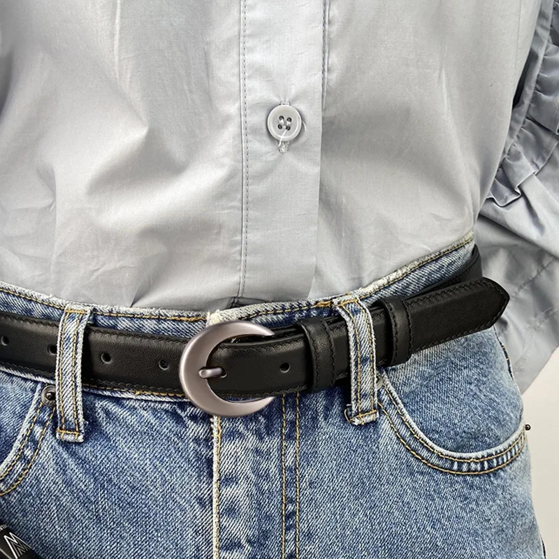 

New Arrival Women Matte Silver Pin Buckle Genuine Leather Belt Minimalist Versatile Jean Waist Belt