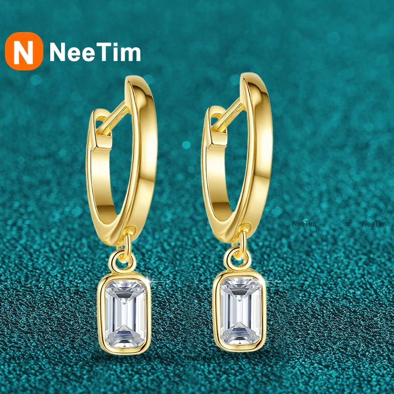 

NeeTim 0.5ct Emerald Cut Moissanite Drops Earrings for Women Wedding Party Luxury Jewelry 925 Silver Original Ladies' Earrings