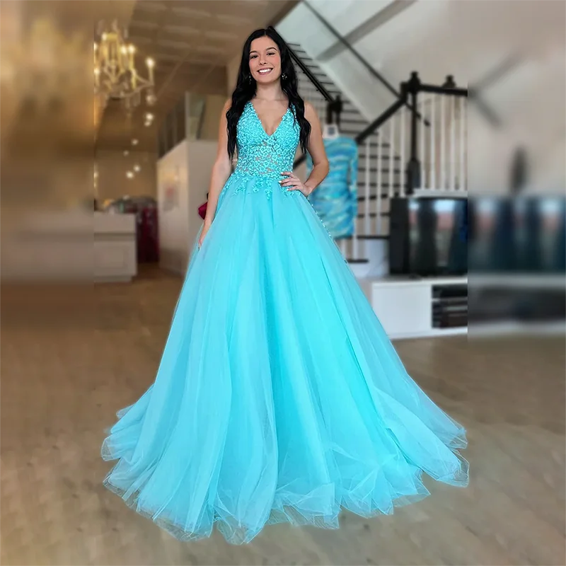 

BLUE Prom Dresses Elegant Illusion Lace Appliques Evening Gown V-neck Backless A-line Floor-length Vestido De Noche for Women