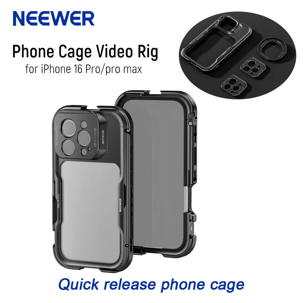 NEEWER 16 Pro/Pro Max Cage Quick Release Video Rig Phone Stabilizer Compatible with iPhone 16 Pro Max with 67mm Filter Adapter