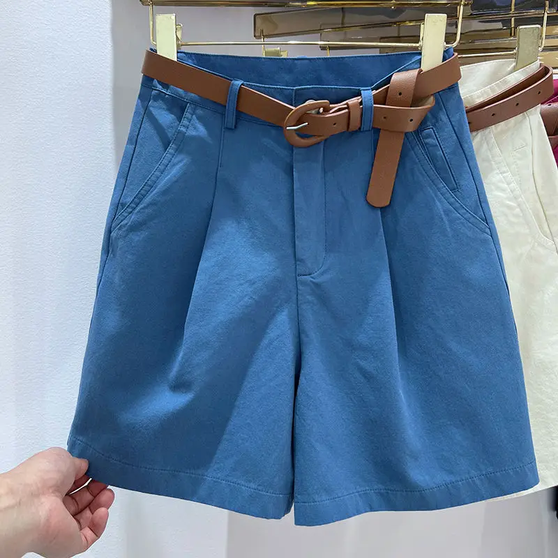 

Women's Denim Shorts High Waist Short With Belt Blue Red Khaki Casual Cotton Solid Loose Casual Bermuda Summer Shorts For Women