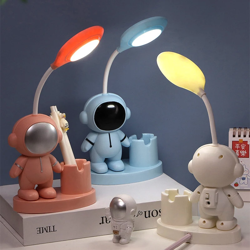 Criativo Cute Astronaut Flexible LED Study Desk Lamp com Lápis Sharpener, Bedside Color, Ajustar Abajur para Crianças e Estudantes Quarto