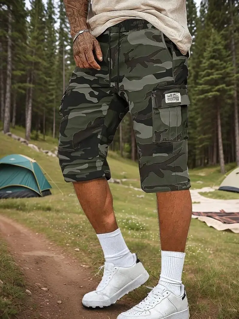 

Men'S Camo Cargo Shorts | Multi-Pocket Design with Drawstring Waist | Street Style Outdoor Hiking Casual Wear | Non-Stretch Fabr