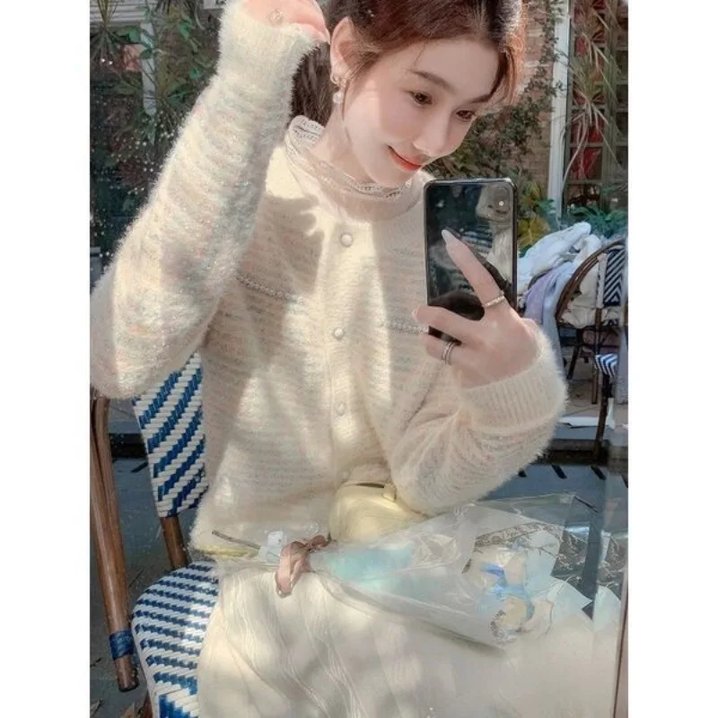 Cardigan Soft Glutinous Bright Silk Ribbon Sweater Women Spring 2023 Temperament Celebrity Top Knitted Cardigan Sweater Female