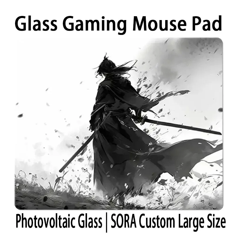 Japanese Anime Heroic Ink Painting Glass Gaming Mouse Pad Smooth Desk Pad E-Sports Office Desk Pad PC Custom Pattern Mousepads