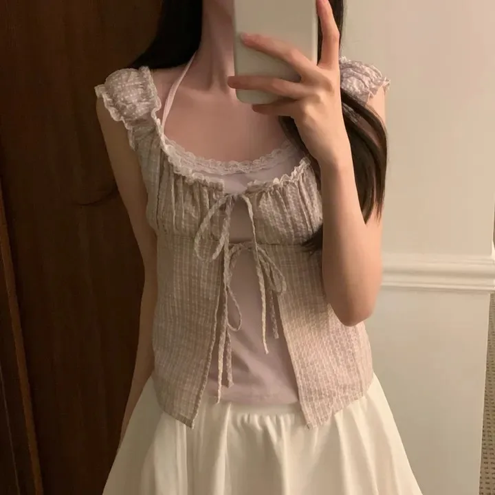 

Chic Summer Women's Shirt Casual Style Plaid Short Sleeve Open Cardigan Gored Pleated Belted Fake Two-Piece Top Neck Hanging